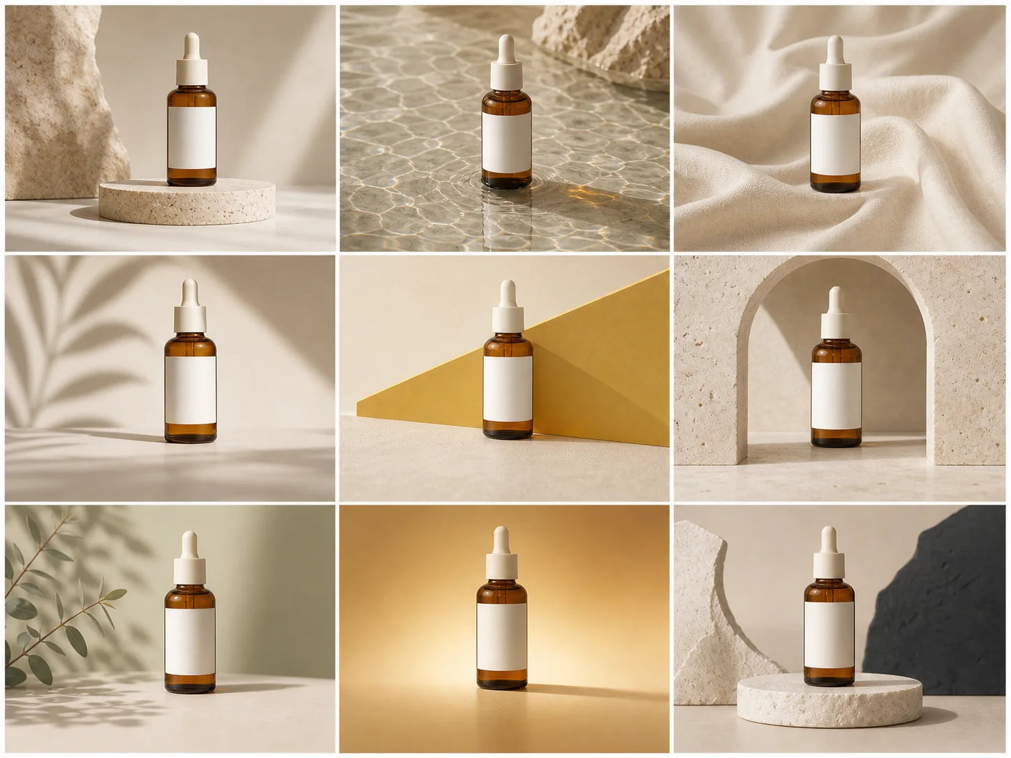 A coordinated set of fictional product-scene variations