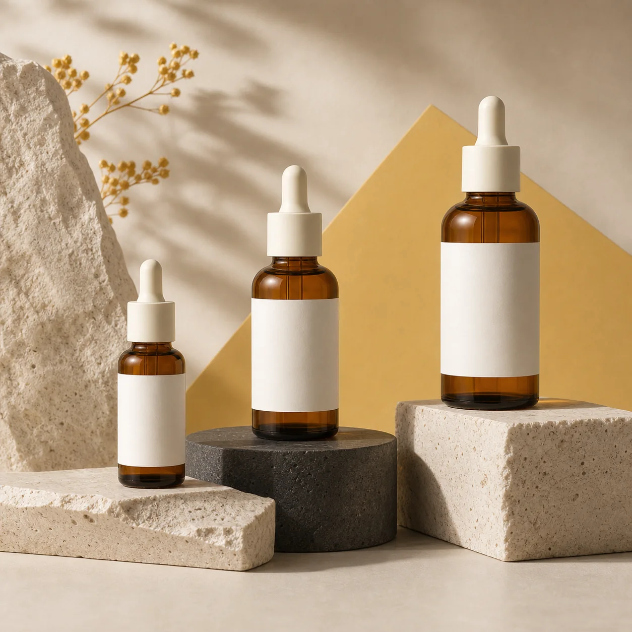 A fictional serum collection arranged on sculptural plinths