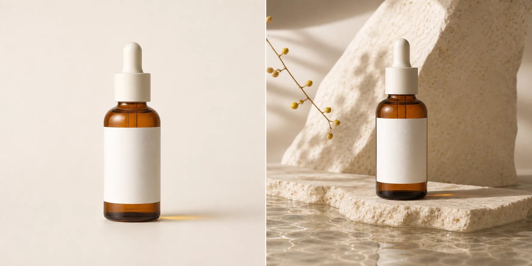 A plain packshot and an art-directed scene shown side by side