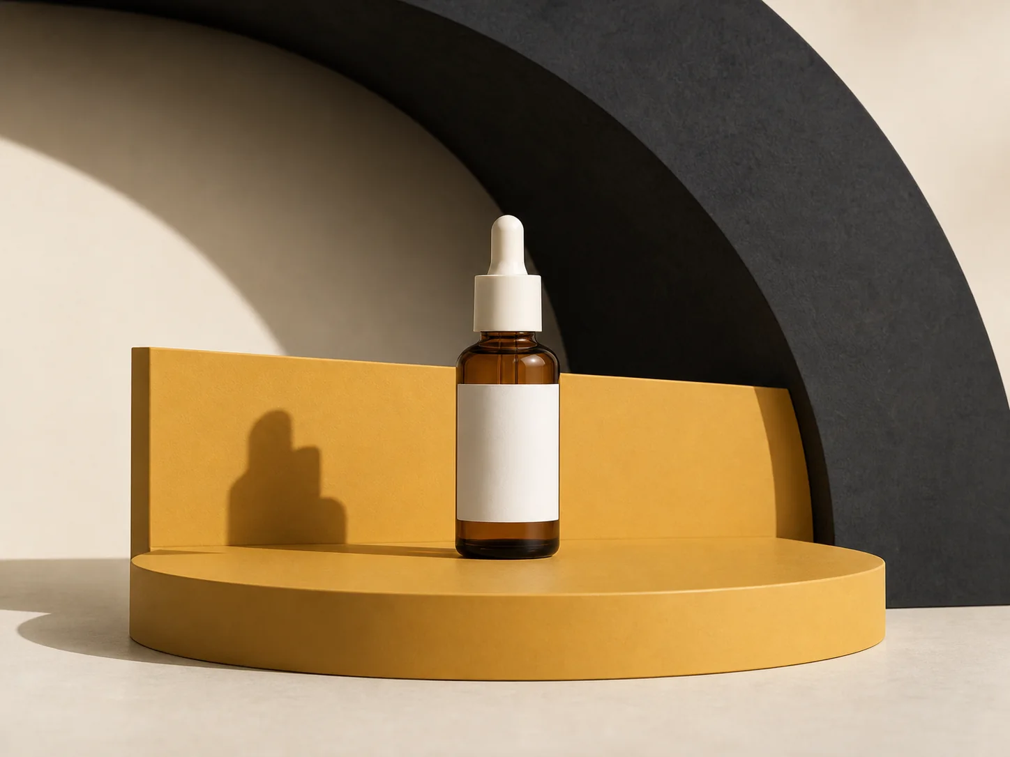 A fictional serum in a bold yellow and charcoal studio